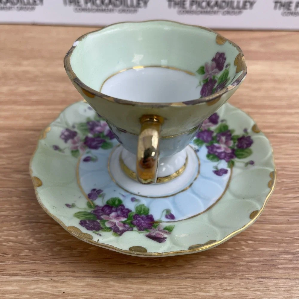 Lefton China 124 Hand Painted Violets Teacup and Saucer Set Gold Trim Mint Green